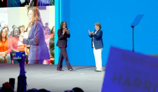 Weingarten, right, welcomes Vice President Kamala Harris to the AFT convention in Houston on July 25.